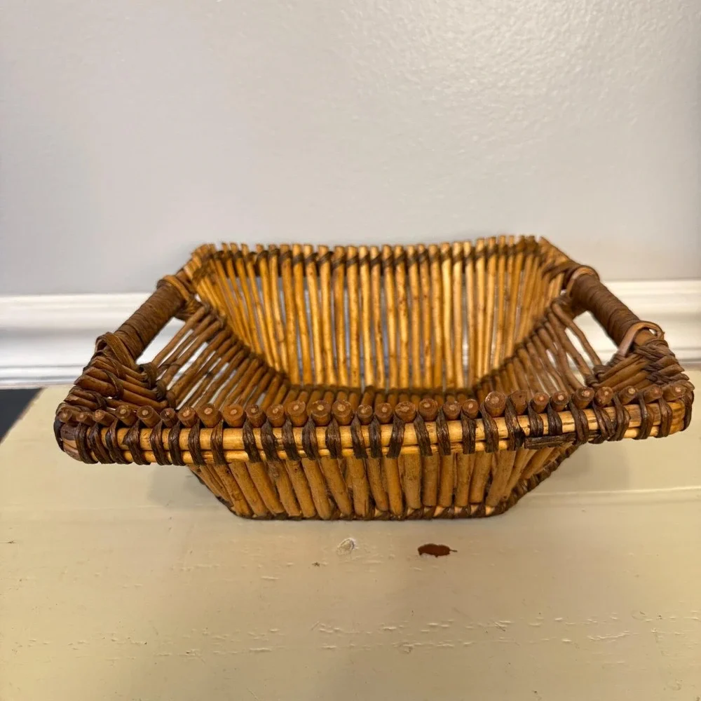 Vintage Pencil Reed Bamboo Square Basket Handles Two Tone MCM‎ Approximately 9